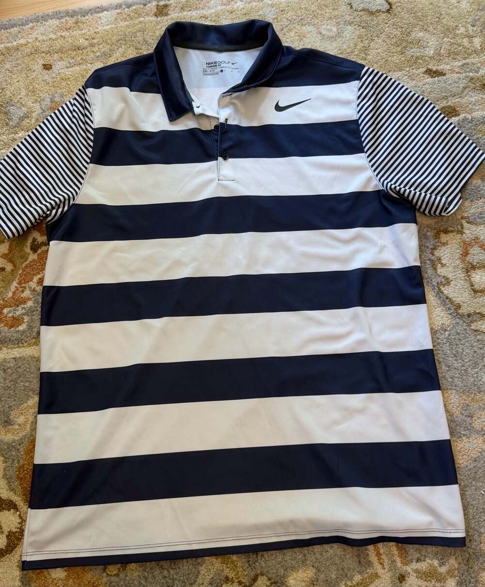 Nike Golf Standard Fit Dri-Fit Blue and White Striped Polo Shirt Large